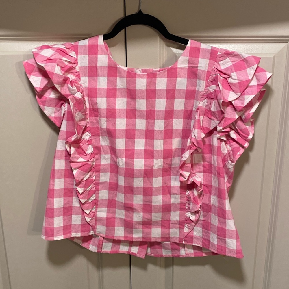 entro Pink and White Gingham Ruffle Sleeve Blouse